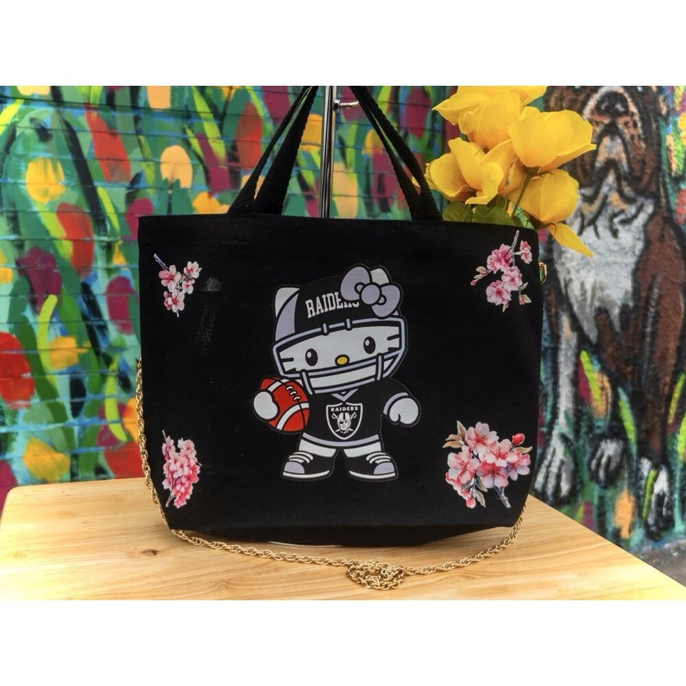 KAWAII KITTY Raiders Football Handmade Black Canvas Tote Bag With Rope Chain